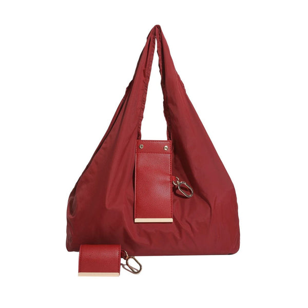 Wine Red Foldable Tote Bag With Built In Storage Pouch Compact Reusable Shopping That Packs Into Itself Ideal For Daily Carry And Eco Friendly Use Wom