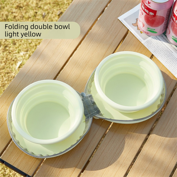 Yellow Foldable Dual Bowl For Pets Silicone Feeding And Water Dish With Compact Storage Design Dog Bowls