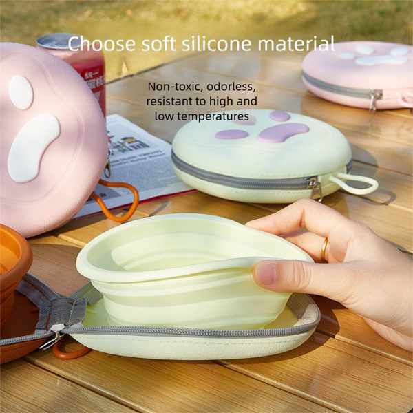 Yellow Foldable Dual Bowl For Pets Silicone Feeding And Water Dish With Compact Storage Design Dog Bowls