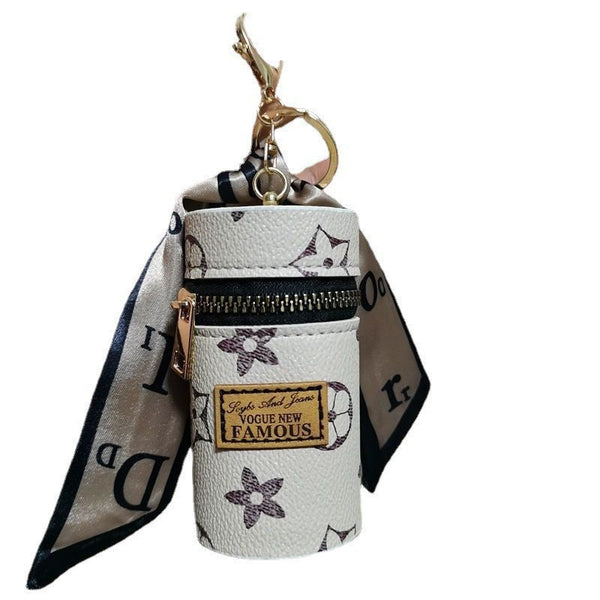 White Mini Cylinder Lipstick Case Keychain With Silk Scarf Charm Pu Leather Coin Purse Bag Pendant For Earphones Keys Vintage Floral Pattern Handbag A