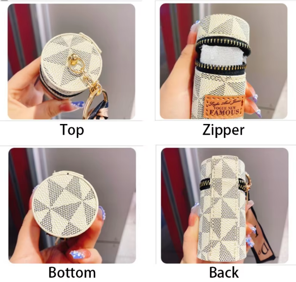 White Mini Cylinder Lipstick Case Keychain With Silk Scarf Charm Pu Leather Coin Purse Bag Pendant For Earphones Keys Vintage Floral Pattern Handbag A