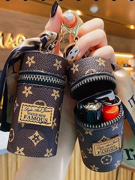 White Mini Cylinder Lipstick Case Keychain With Silk Scarf Charm Pu Leather Coin Purse Bag Pendant For Earphones Keys Vintage Floral Pattern Handbag A