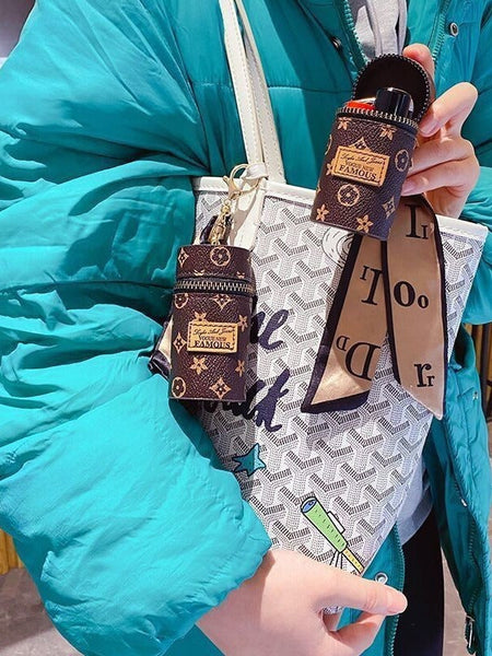 White Mini Cylinder Lipstick Case Keychain With Silk Scarf Charm Pu Leather Coin Purse Bag Pendant For Earphones Keys Vintage Floral Pattern Handbag A