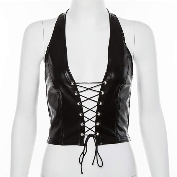 Women's Faux Leather Halter Crop Top  Lace Up Deep V Camisole Gothic Punk Rave Festival Clubwear Black Size Xl Tops