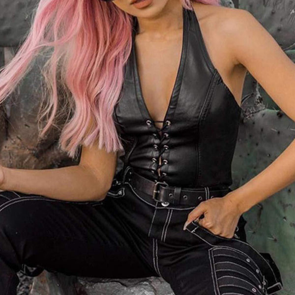 Women's Faux Leather Halter Crop Top  Lace Up Deep V Camisole Gothic Punk Rave Festival Clubwear Black Size Xl Tops