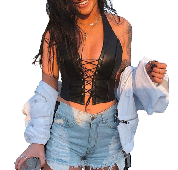 Women's Faux Leather Halter Crop Top  Lace Up Deep V Camisole Gothic Punk Rave Festival Clubwear Black Size Xl Tops