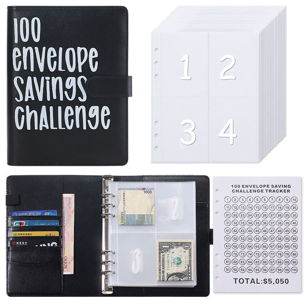 100 Envelope Savings Challenge Binder A5 Budget Planner Book Pu Leather Cash Stuffing Money Organiser With Magnetic Closure & Tracker (Black) School S