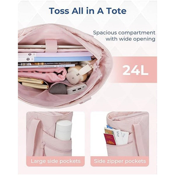 Womens Puffer Tote Bag Quilted Nylon Shoulder Handbag Large Capacity Laptop Work Travel Gym Carryall Bag With Zipper Pink Women's Bags & Handbags