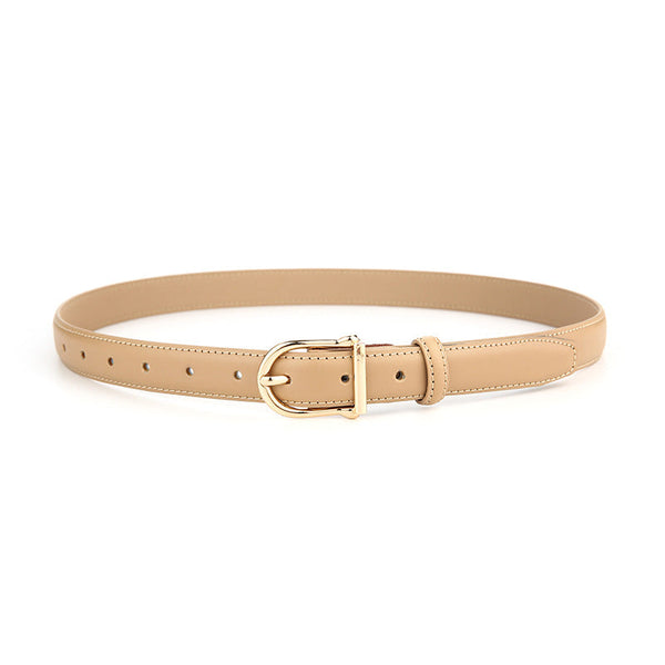 Women's Genuine Leather Thin Belt 2.3Cm Width Minimalist Gold D Shaped Buckle Casual Waist Strap For Jeans Dresses Khaki 105Cm Belts