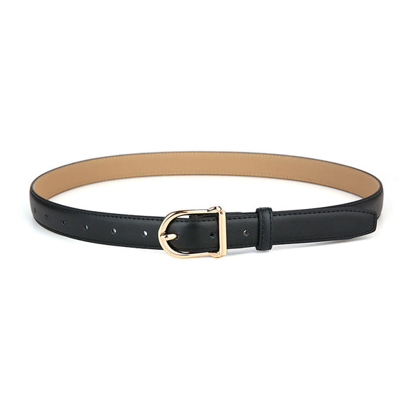 Women's Genuine Leather Thin Belt 2.3Cm Width Minimalist Gold D Shaped Buckle Casual Waist Strap For Jeans Dresses Black 105Cm Belts