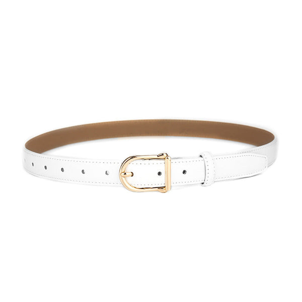 Women's Genuine Leather Thin Belt 2.3Cm Width Minimalist Gold D Shaped Buckle Casual Waist Strap For Jeans Dresses White 105Cm Belts