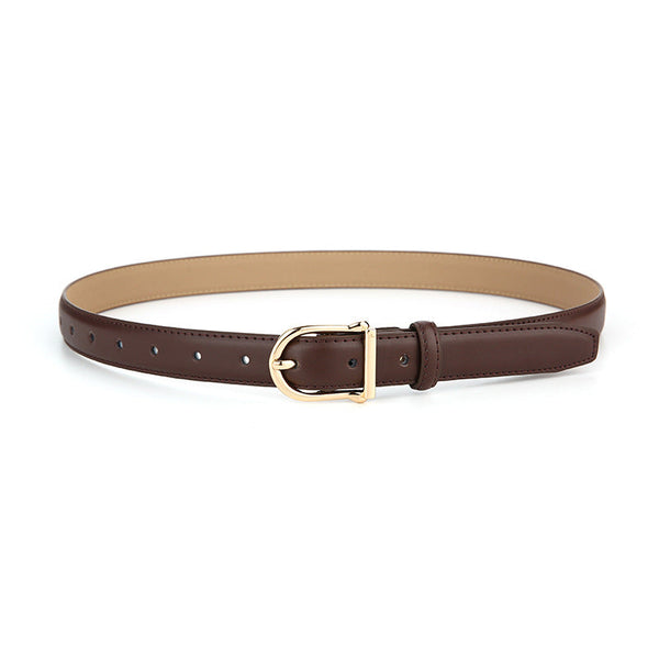 Women's Genuine Leather Thin Belt 2.3Cm Width Minimalist Gold D Shaped Buckle Casual Waist Strap For Jeans Dresses Coffee 105Cm Belts