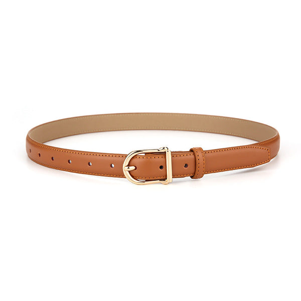 Women's Genuine Leather Thin Belt 2.3Cm Width Minimalist Gold D Shaped Buckle Casual Waist Strap For Jeans Dresses Camel 105Cm Belts