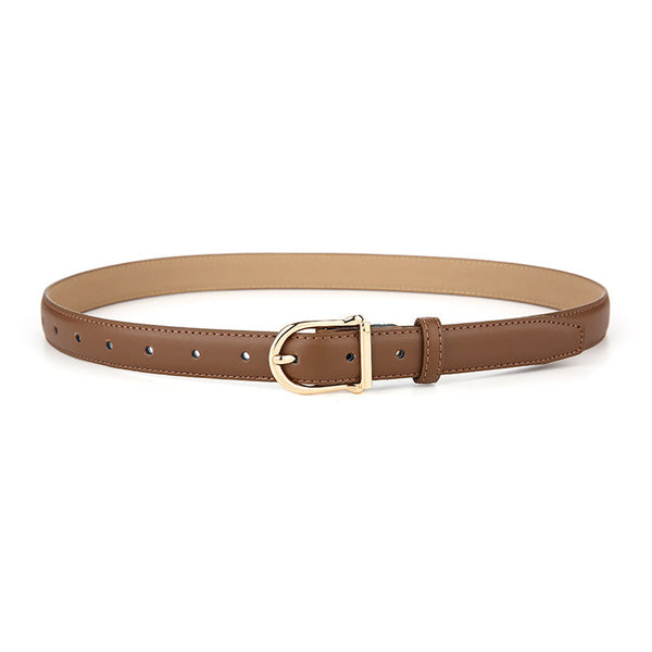 Women's Genuine Leather Thin Belt 2.3Cm Width Minimalist Gold D Shaped Buckle Casual Waist Strap For Jeans Dresses Caramel Color 105Cm Belts