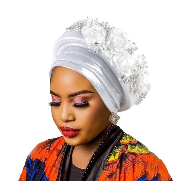 Women's Luxury Silver Turban Hat With Beaded Floral Embellishments Pre Tied African Style Headwrap For Weddings Parties And Special Occasions Hats