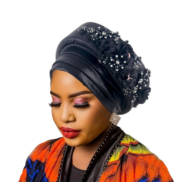 Women's Luxury Black Turban Hat With Beaded Floral Embellishments Pre Tied African Style Headwrap For Weddings Parties And Special Occasions Hats