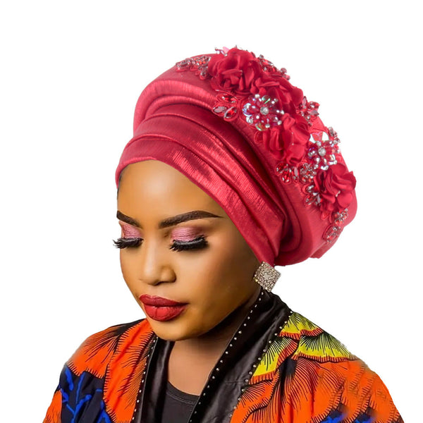 Women's Luxury Red Turban Hat With Beaded Floral Embellishments Pre Tied African Style Headwrap For Weddings Parties And Special Occasions Hats
