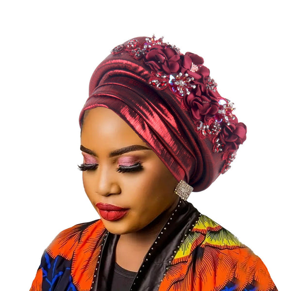 Women's Luxury Burgundy Turban Hat With Beaded Floral Embellishments Pre Tied African Style Headwrap For Weddings Parties And Special Occasions Hats