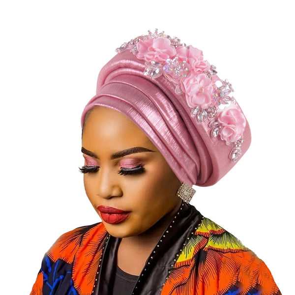 Women's Luxury Pink Turban Hat With Beaded Floral Embellishments Pre Tied African Style Headwrap For Weddings Parties & Special Occasions Hats