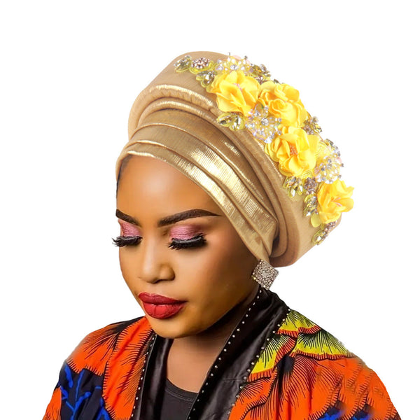 Women's Luxury Gold Turban Hat With Beaded Floral Embellishments Pre Tied African Style Headwrap For Weddings Parties And Special Occasions Hats