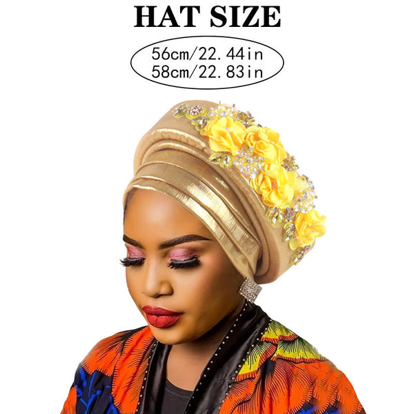 Women's Luxury Gold Turban Hat With Beaded Floral Embellishments Pre Tied African Style Headwrap For Weddings Parties And Special Occasions Hats