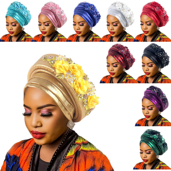Women's Luxury Gold Turban Hat With Beaded Floral Embellishments Pre Tied African Style Headwrap For Weddings Parties And Special Occasions Hats