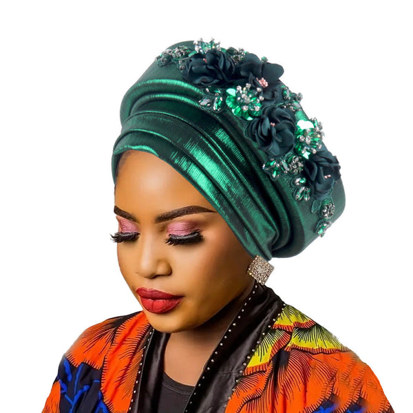 Women's Luxury Green Turban Hat With Beaded Floral Embellishments Pre Tied African Style Headwrap For Weddings Parties And Special Occasions Hats