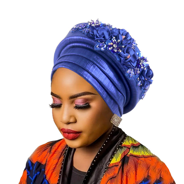 Women's Luxury Navy Blue Turban Hat With Beaded Floral Embellishments Pre Tied African Style Headwrap For Weddings Parties And Special Occasions Hats