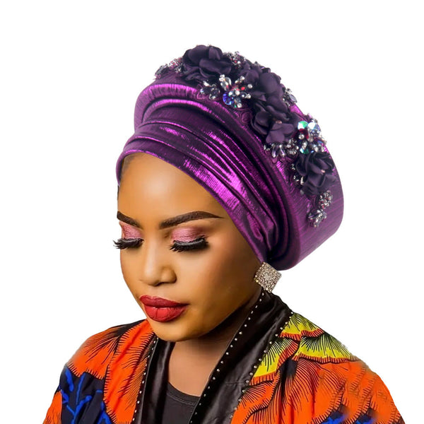 Women's Luxury Purple Turban Hat With Beaded Floral Embellishments Pre Tied African Style Headwrap For Weddings Parties And Special Occasions Hats