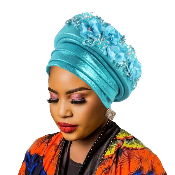 Women's Luxury Lake Blue Turban Hat With Beaded Floral Embellishments Pre Tied African Style Headwrap For Weddings Parties And Special Occasions Hats