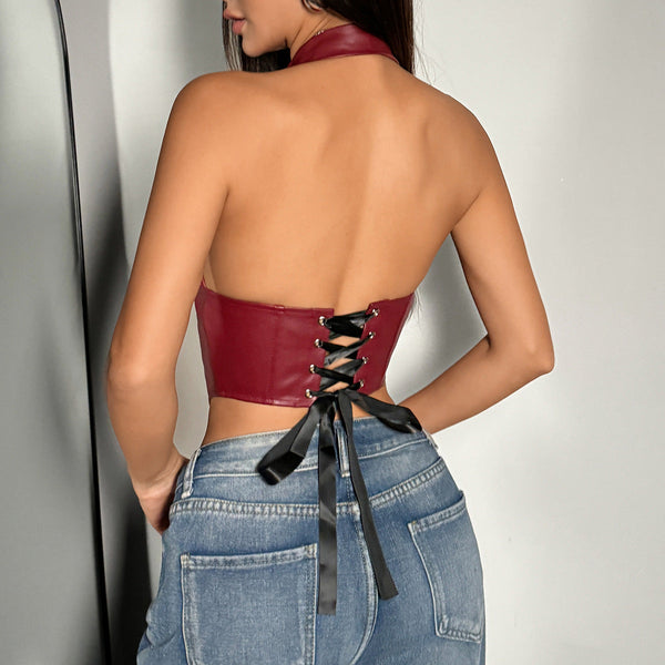 Womens  Pu Leather Halter Crop Top Deep V Neck Backless Faux Vest Button Front Pointed Hem Clubwear Brown Women Crop Tees