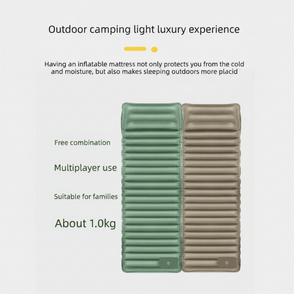 Outdoor Camping Self Inflatable Air Mattress Portable Foot Press Beach Picnic Foldable Tpu Sleeping Pad Green And Grey Inflatable Pillows
