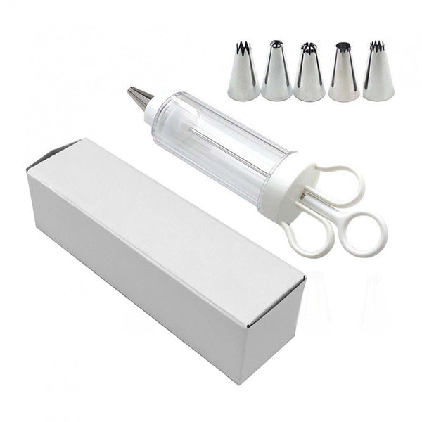 Large Cake Decorating Icing Syringe Gun Set With 5 Stainless Steel Nozzles Diy Cookie Press Baking Tool For Kitchen Other Baking Accessories