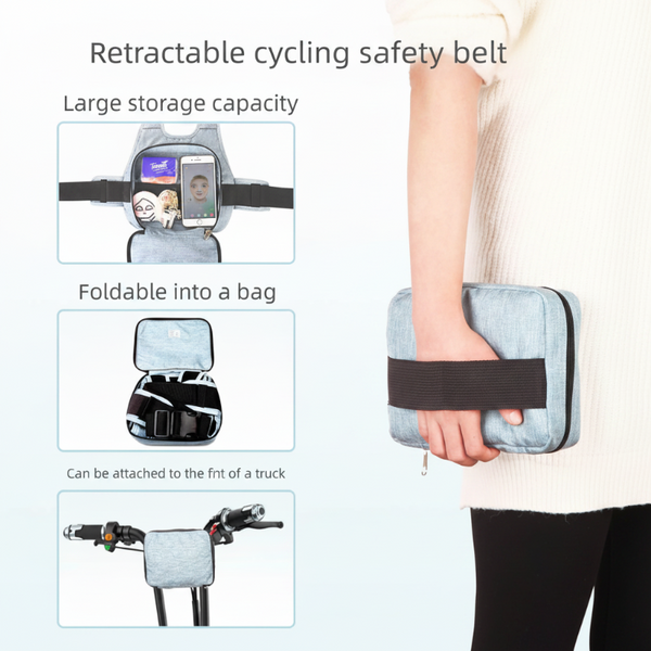 Child Motorcycle Safety Harness Strap Adjustable Passenger Belt With Handles & Storage Pocket Breathable Linen Grey For Scooter Toddler Safety Harness