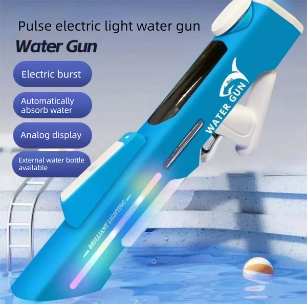 Electric Water Gun Auto Refill 46Cm Blue Led Pulse Blaster High Pressure Toy With External Bottle Connector & Manual Mode For Summer Pool Party Water