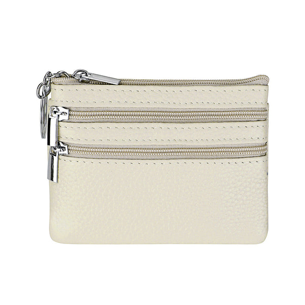 Genuine Leather Coin Purse Mini Wallet With Triple Zipper Pockets Key Ring Holder Pouch For Cash & Cards Milky White Wallets