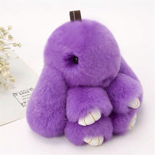Fluffy Mini Rex Rabbit Fur Keychain Cute Bunny Bag Charm Soft Plush Animal Doll Ring For Car Keys & Handbags Purple Keyrings