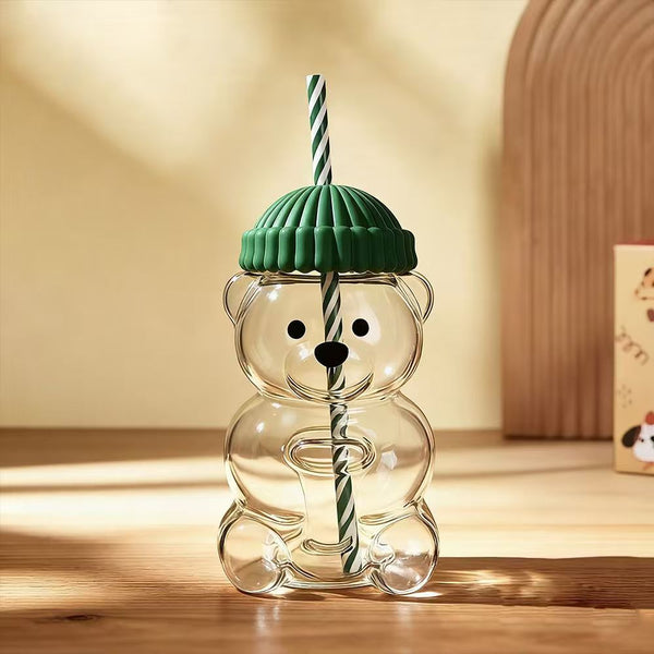 Creative Bear Shape Glass Water Bottle With Straw Cute Cartoon Coffee Cup And Cold Drink Tumbler Green Hat Edition Water Bottles & Vacuum Flasks