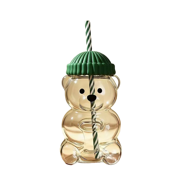 Creative Bear Shape Glass Water Bottle With Straw Cute Cartoon Coffee Cup And Cold Drink Tumbler Green Hat Edition Water Bottles & Vacuum Flasks