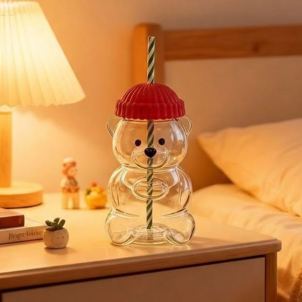 Creative Bear Shape Glass Water Bottle With Straw Cute Cartoon Coffee Cup And Cold Drink Tumbler Red Hat Edition Water Bottles & Vacuum Flasks