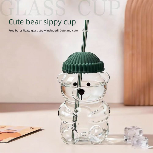Creative Bear Shape Glass Water Bottle With Straw Cute Cartoon Coffee Cup And Cold Drink Tumbler Red Hat Edition Water Bottles & Vacuum Flasks