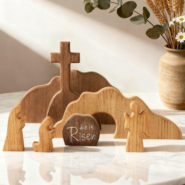 Easter Resurrection Scene Set Mini Wooden Figurine Ornament A Symbolic Cross & Open Tomb Creative Tabletop Decoration Seasonal Decorations