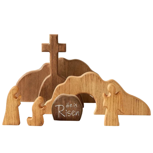 Easter Resurrection Scene Set Mini Wooden Figurine Ornament A Symbolic Cross & Open Tomb Creative Tabletop Decoration Seasonal Decorations