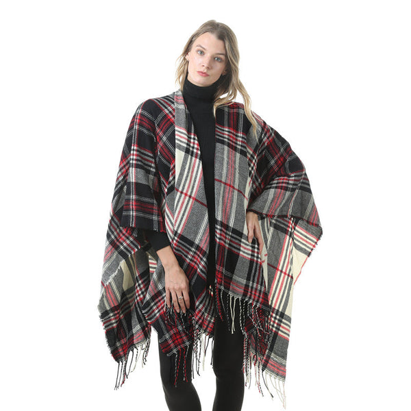 Women's Plaid Open Front Poncho Cape Soft Faux Cashmere Scarf Wrap With Tassel Detail (130 X 150Cm)Style P26 Scarves & Wraps