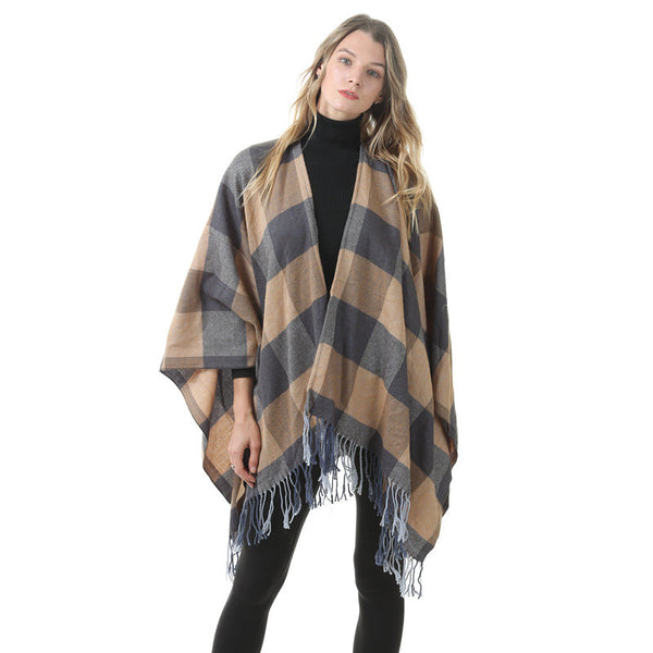 Women's Plaid Open Front Poncho Cape Soft Faux Cashmere Scarf Wrap With Tassel Detail (130 X 150Cm) Style P30 Scarves & Wraps