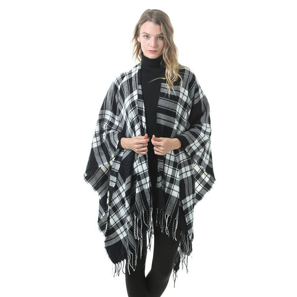 Women's Plaid Open Front Poncho Cape Soft Faux Cashmere Scarf Wrap With Tassel Detail (130 X 150Cm) Style P727 Scarves & Wraps