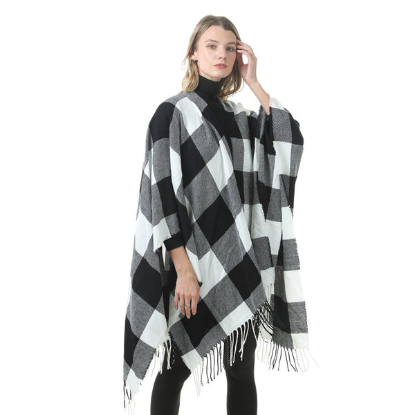 Women's Plaid Open Front Poncho Cape Soft Faux Cashmere Scarf Wrap With Tassel Detail (130 X 150Cm) Style P397 Scarves & Wraps