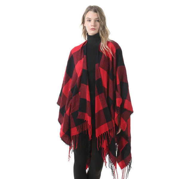 Women's Plaid Open Front Poncho Cape Soft Faux Cashmere Scarf Wrap With Tassel Detail (130 X 150Cm)Style P398 Scarves & Wraps