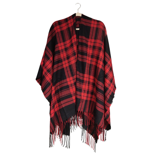 Women's Plaid Open Front Poncho Cape Soft Faux Cashmere Scarf Wrap With Tassel Detail (130 X 150Cm) Style P728 Scarves & Wraps