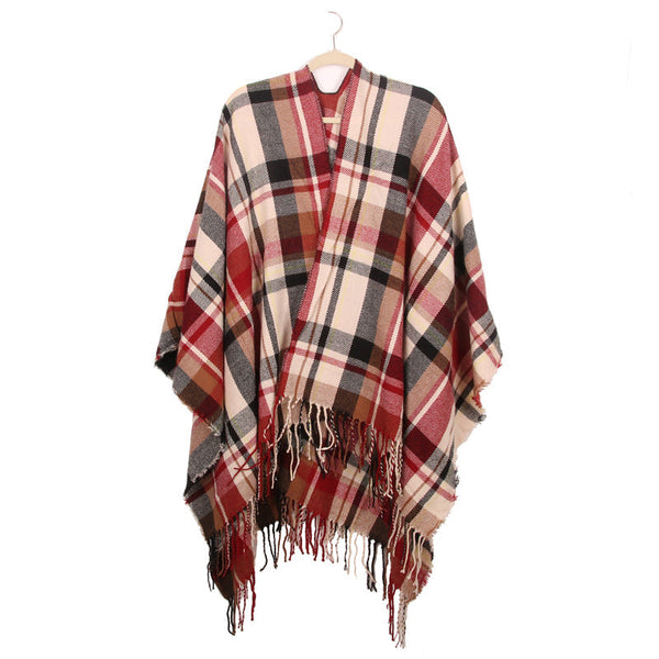 Women's Plaid Open Front Poncho Cape Soft Faux Cashmere Scarf Wrap With Tassel Detail (130 X 150Cm) Style A04 Scarves & Wraps